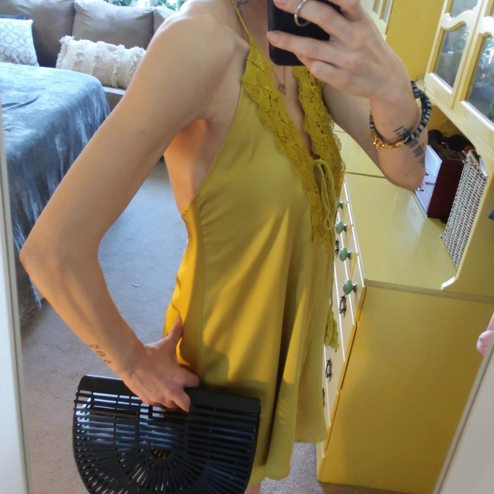 NWT Silky Tassels Low Back Halter Dress Chartreuse